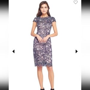 Tadashi Shoji Navy Blue Lace Capelet Top Raw Edged Classic Formal Cocktail Dress